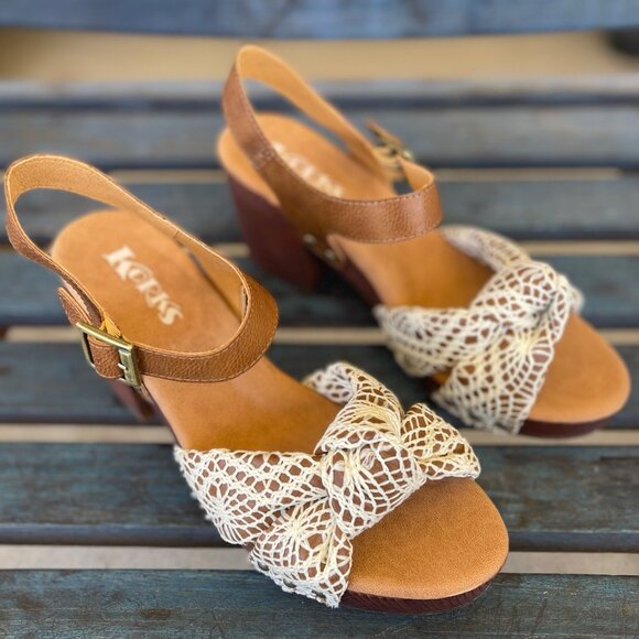 Korks-Ease Natalia Women’s Sandals 10 Brown Leather White Crochet Wooden Block H - Picture 1 of 13
